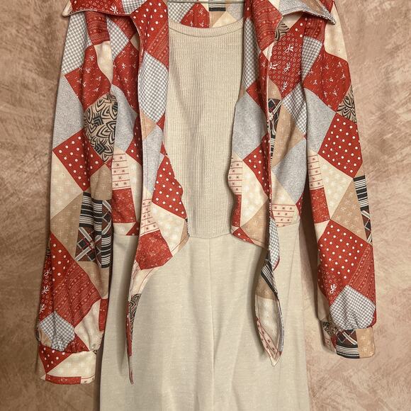 Vintage 70s Melissa Lane Patchwork Jumpsuit High Waist Tie Front Long Sleeve Mod - Picture 5 of 8